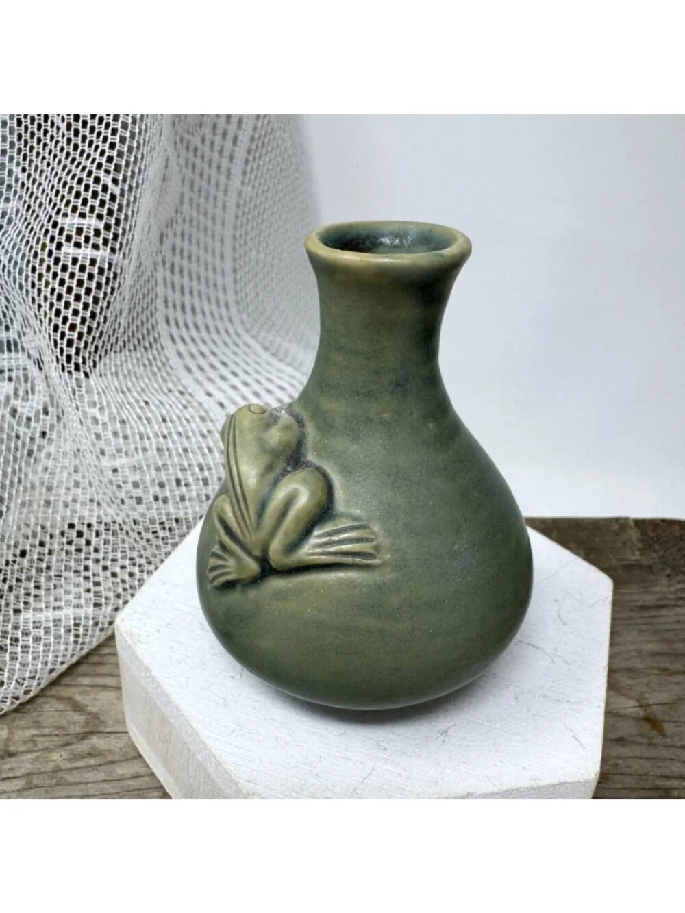 Celadon Green Pottery Vase w/ Frog Small 3